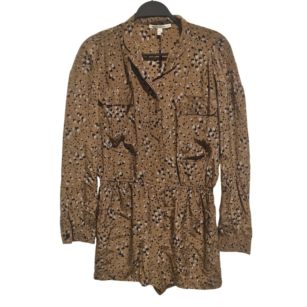 TWENTY8TWELVE Women Brown Heart Print Silk Long Sleeve Utility Romper Jumpsuit 2 - Picture 2 of 8